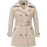 Chrisuno Women's Plus Size Double Breasted Trench Coats Mid-Length Belted Overcoat Dress Jacket with Detachable Hood