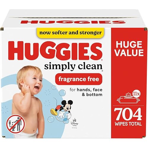 Baby Wipes, Huggies Simply Clean, UNSCENTED, Hypoallergenic, 11 Flip Top Packs, 704 count (Packaging may vary)