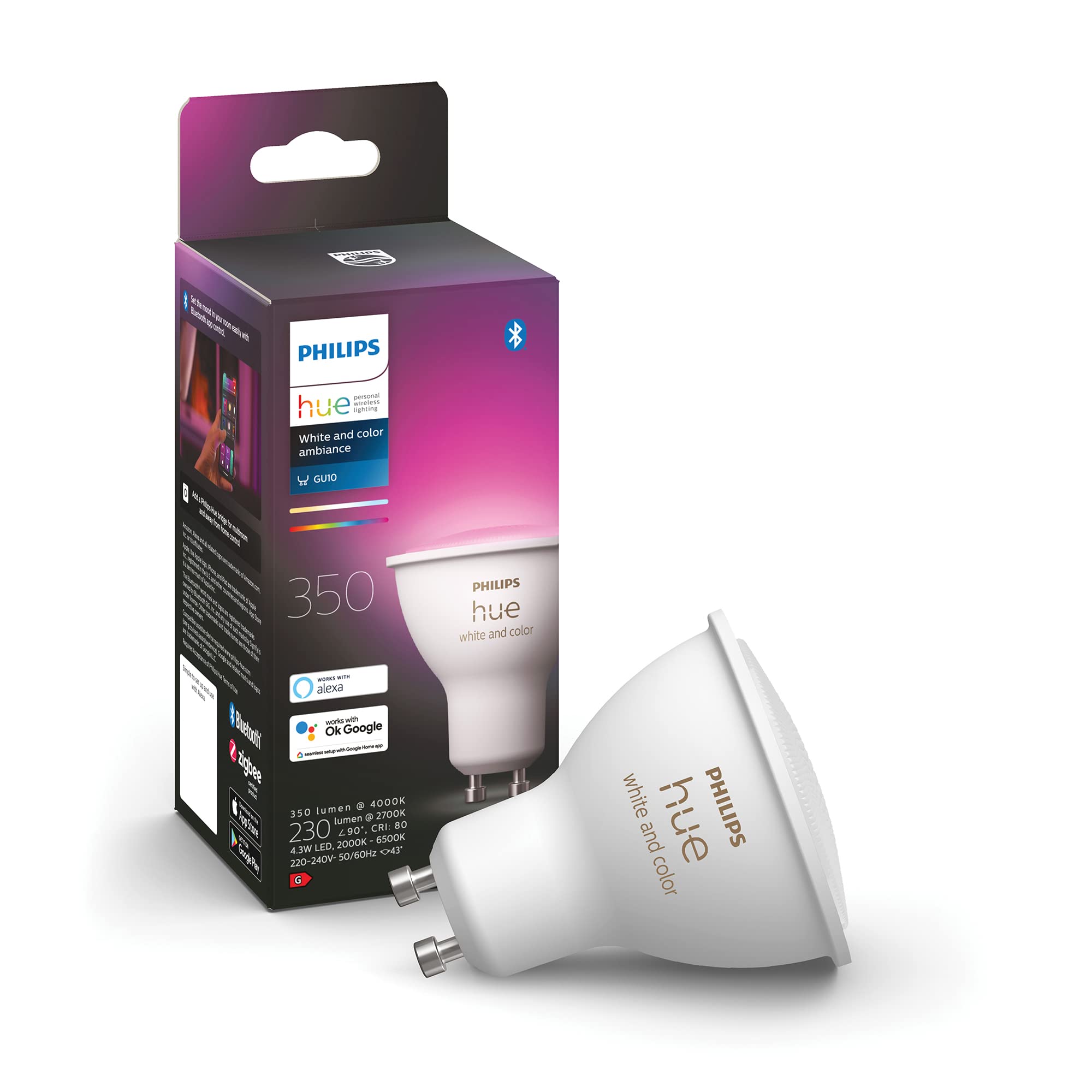Philips Hue New White and Colour Ambiance Smart Light [GU10 Spot] with Bluetooth. Works with Alexa, Google Assistant and Apple Homekit. for Home Indoor Lighting for Livingroom, Lounge.