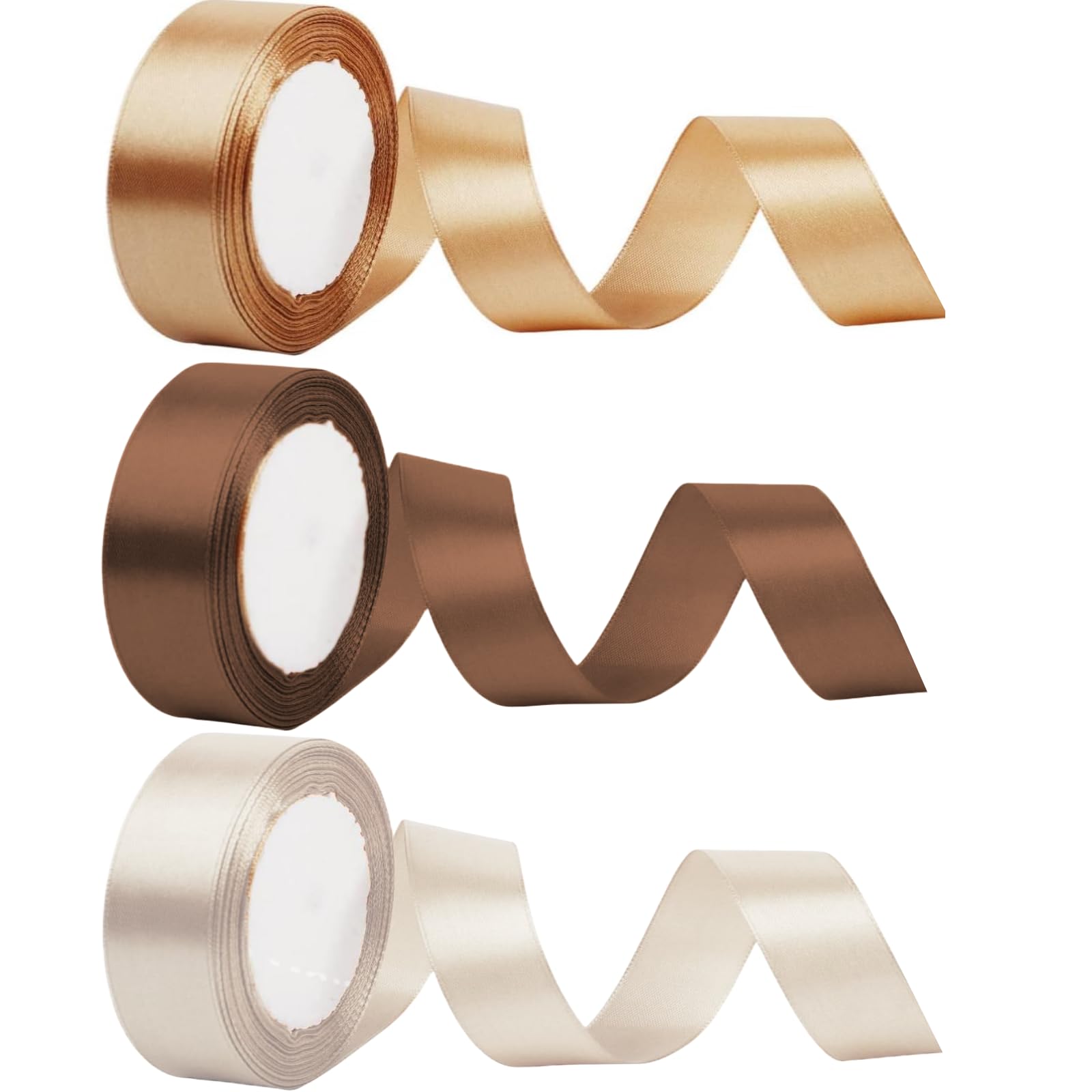 3 Rolls Brown Gold Satin Ribbon for Wedding Bouquet DIY Crafts Solid Color Ribbon Fabric Ribbon Gift Wrapping Gift Bows Hair Bows for Wedding Decoration (Brown)