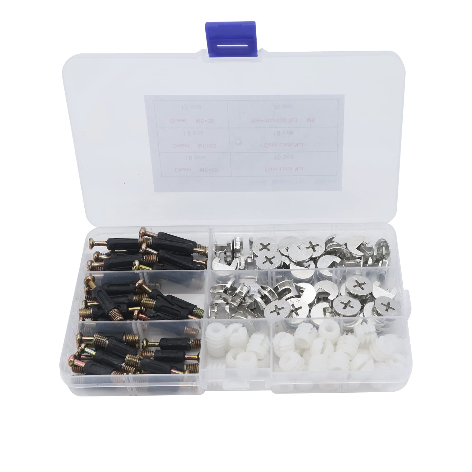 Yuhtech Cam Bolt Nut Dowel, 108 Pcs Flat Furniture Connector Fixing Screw for Furniture, Cabinet, Wardrobe, with Locking Cam Fitting, Dowel Screws, Pre- Inserted Nut