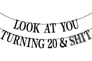 PYBHILK Black Glitter Look at You Turning 20 & Sh*t Banner, Happy 20th Birthday/Level 20 Unlocked/Cheers to 20 Years, Funny 20th Birthday Party Decorations Supplies