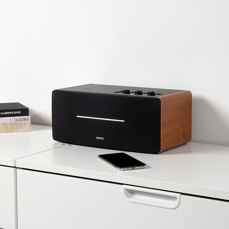 D12 - Haut-Parleur de Bureau Bluetooth stéréo intégré - Haut-Parleur sans Fil pour Ordinateur de Bureau - 70 Watts RMS avec Sortie Ligne subwoofer, Bois