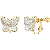 EVEVIC Austrian Crystal Butterfly Clip On Earrings for Women Adjustable Screw Back Non Pierced Earring 14K Gold Plated Hypoallergenic Jewelry