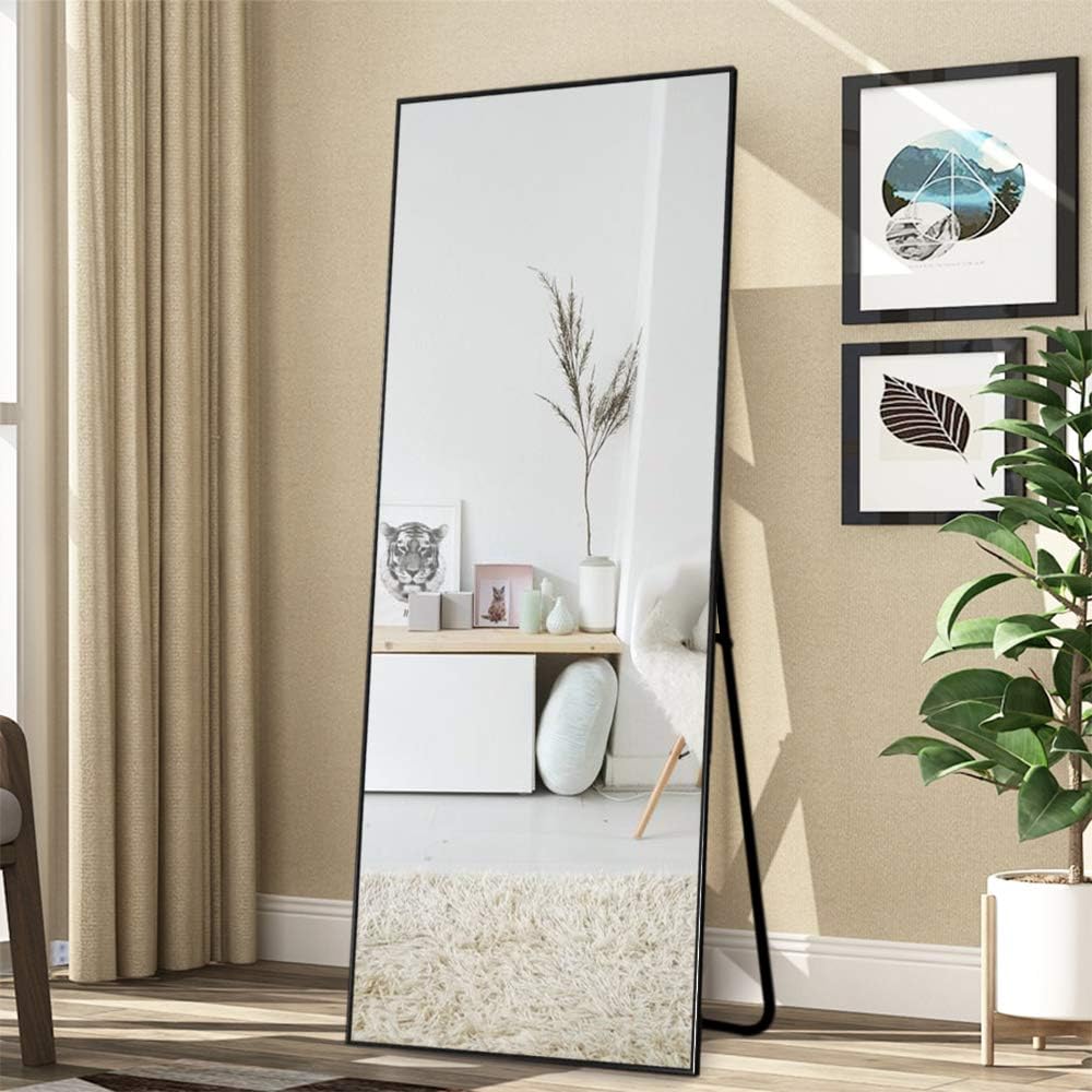 Rifrani Full Length Mirror Standing Hanging or Leaning Against Wall, Large Rectangle Bedroom Mirror Floor Mirror Dressing Mirror Wall-Mounted Mirror, Aluminum Alloy Thin Frame, Black, 65"x22"