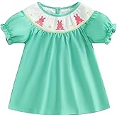 AHUGHAUE Toddler Girl Easter Smocked Dress Fly/Short Sleeve Bunny Embroidery Dresses Cute Summer Smocked Outfit