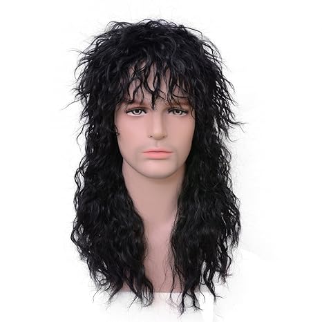 Yilys Long Curly 80s Men Black Rocker Style Wig Retro Themed Party