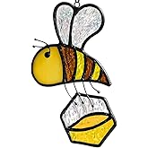 BOXCASA Honey Bee Decor Stained Glass Suncatcher,Bumble Bee Stained Glass Window Hanging,Birthday Bees Gifts for Bees Lover Women Mom Kids,Honeypot Decorations for Home