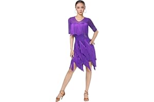 yrsZX Women's Latin Dance Dress Rhinestone Tulle V-Neck Irregular Fringe Ballroom Party Dancing Dress