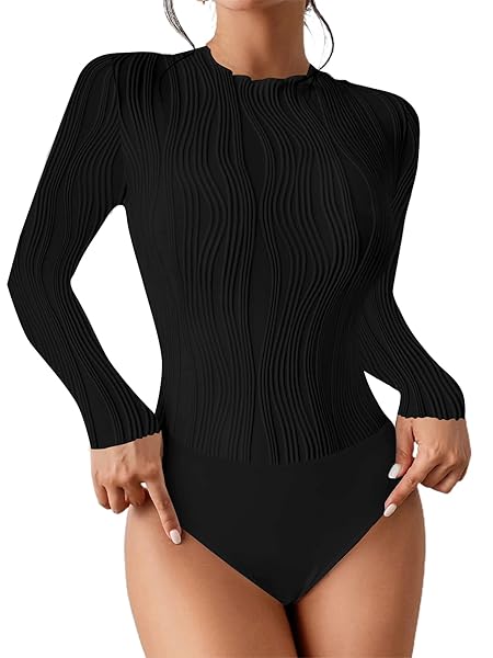 LILYCOCO WOMEN LONG SLEEVE BODYSUIT TOP MOCK NECK FALL BASIC BODY SUIT SHIRT BLACK X-SMALL