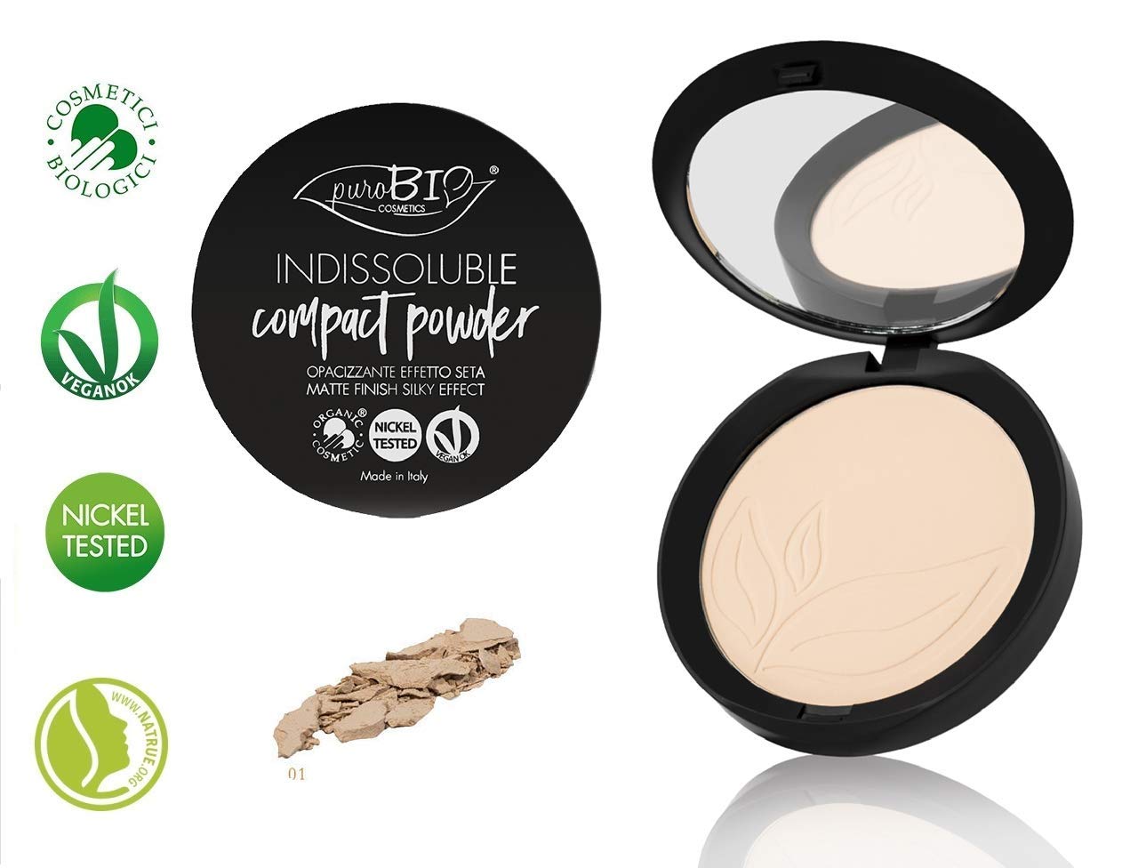 PuroBIO Certified Organic INDISSOLUBILE Face Powder with Anti-Aging & Mattifying Effect, Color 01 Light. Contains Vitamin E, Rice Powder, Shea Butter, Plant Oils. VEGAN. NICKEL TESTED.MADE IN ITALY