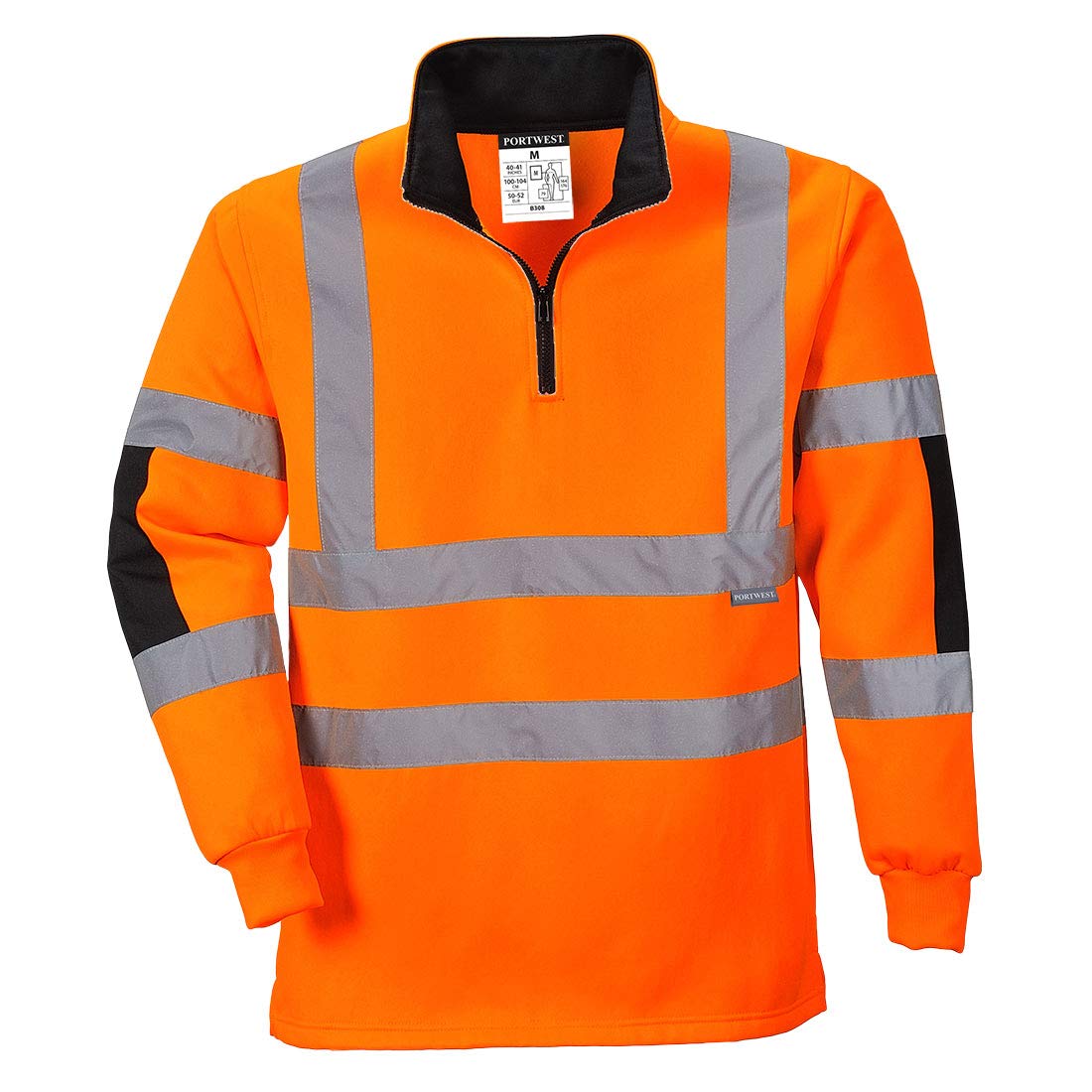 Portwest B308 Xenon Hi Vis Rugby Shirt Durable Cotton Polyester Sweatshirt Reflective Jumper UV Protection 1/4 Zip Ribbed Cuffs EN ISO 20471 Certified Safety Workwear Top, Orange, 3XL