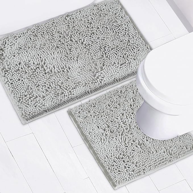Photo 1 of AINAHYVA Bathroom Rugs Chenille Bath mat 2 Piece Set, Super Absorbent, Strong PVC Non Slip Backing, Bath mats for Bathroom, Plush Shaggy, Thick, Machine Washable, Bathtub, Toilet.(Light Grey)