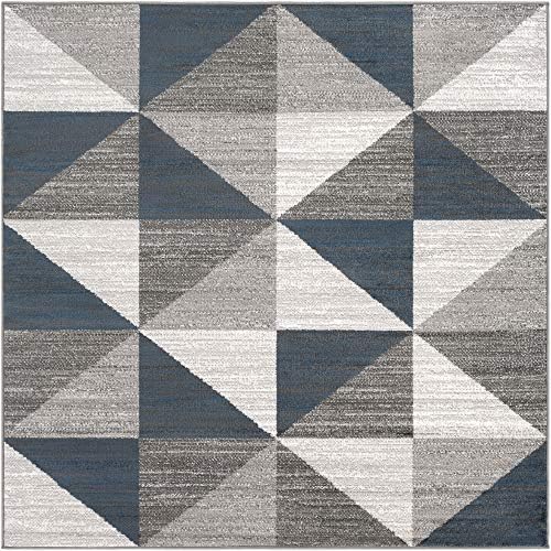 Tiwari Home 5.25' Geometric Patterned Gray and Blue Square Area Throw Rug