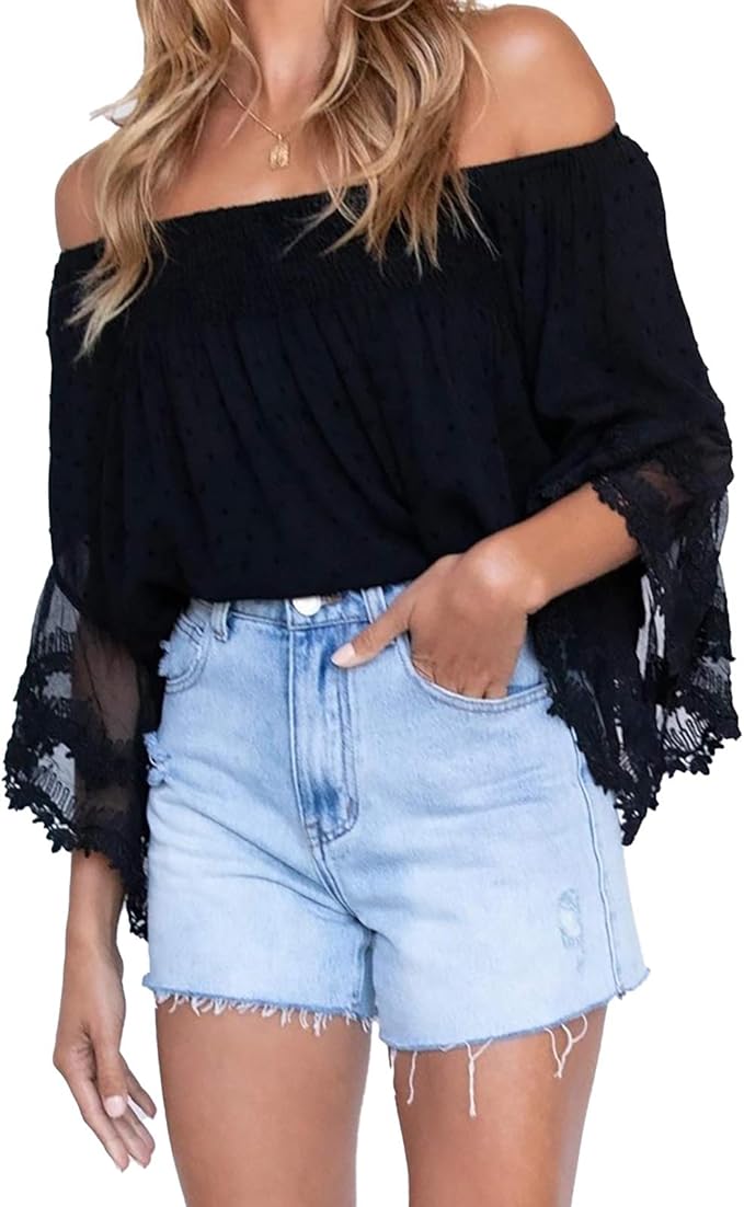 Women Summer Casual Loose Blouse Tunic Tops One Word Collar Off