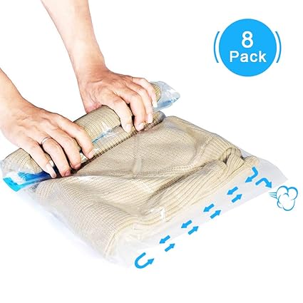 AOBETAK Vakuumbeutel Rollen für Kleidung Reise, 8 Pack Vacuum Storage Bags,Vakuumier Beutel Handaufrollen Ohne Pumpe Erforderlich,4 Klein (40x60cm) + 4 groß (50x70cm) für Kleidung Bettwäsche