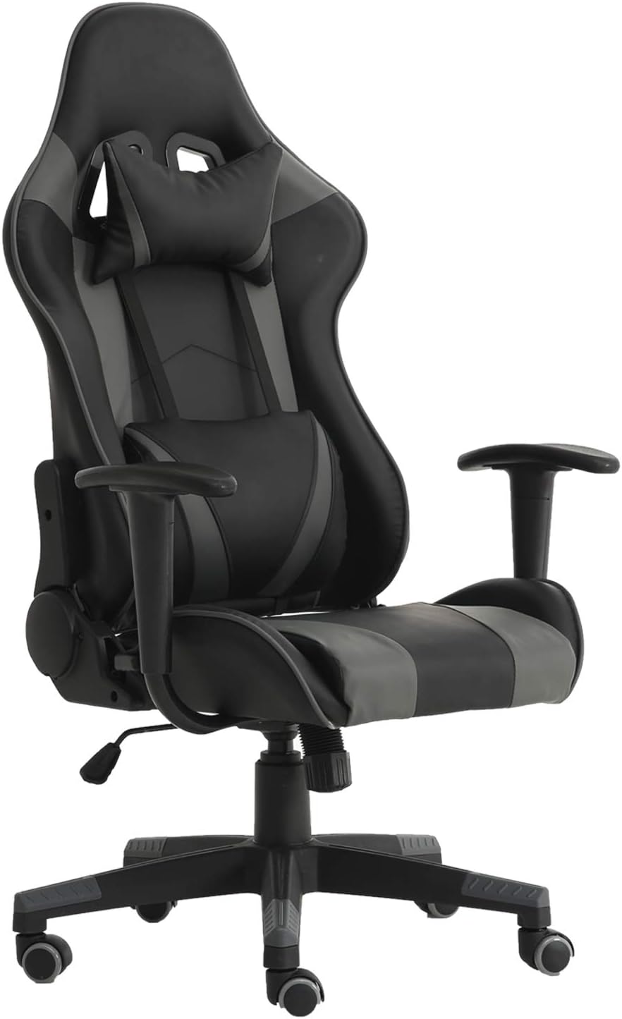 Computer Desk Racing Gaming Chair – Ergonomic High-Back Design of PU Leather Game Office Chair with Headrest and Lumbar Support (Grey)