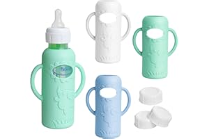 Joxodak 3 Pack Silicone Sleeves for Dr Brown Natural Glass Baby Bottles, Food Grade Anti Breakage Baby Bottle Holder with Handles and 3pcs Travel Bottle Caps (White+Blue+Green, 8oz)