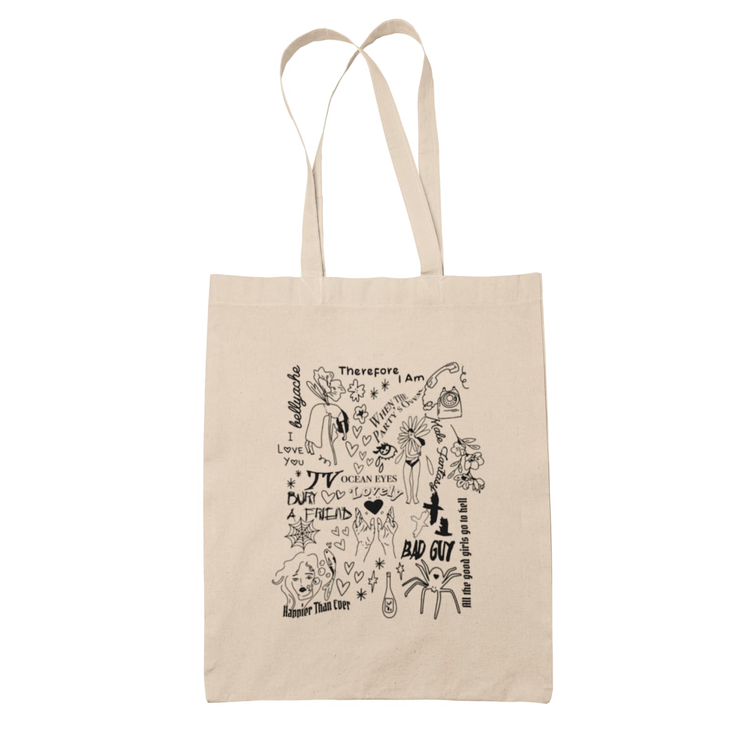 Willow Gifts Billie Doodle Tote Bag - Eilish Happier Than Ever Bad Guy Ocean Eyes Bury a Friend Carrier Shopper Shopping Bag (Natural)