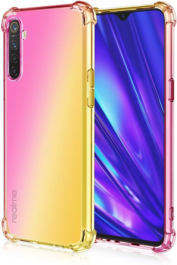 Dedux Case for Oppo Realme X50 Pro, Gradient Color Four Corner Reinforcement Shockproof Tpu Crystal Clear Protective Phone Case Cover (Pink/Gold)