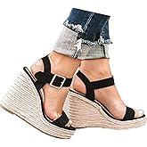 SUMOJIU Women'S Wedge Sandals Platform, Ankle Strap Wedge Sandals Open Toe Casual Summer Straw Woven Classic Wedge Sandals