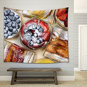 Background of Assorted Fresh Sweet Tarts and Pastries from Above - Fabric Wall Tapestry Home Decor - 51x60 inches