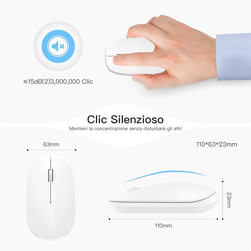 Mouse Bluetooth per Mac OS, Wireless, Compatibile con MacBook air/pro, iMac, ipad, Computer, Laptop, PC, Notebook, Windows, Linux e Android (Bianco)