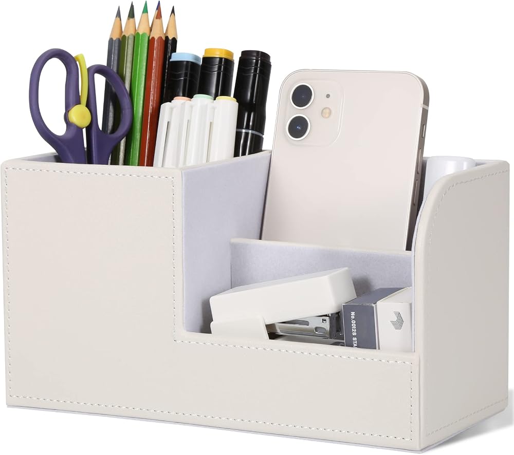GORESE Pen Holder Desk Organizer White Wood Linen Finish 20.5 x 11 x 9.3 cm
