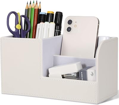 GORESE Pen Holder Desk Organizer White Wood Linen Finish 20.5 x 11 x 9.3 cm
