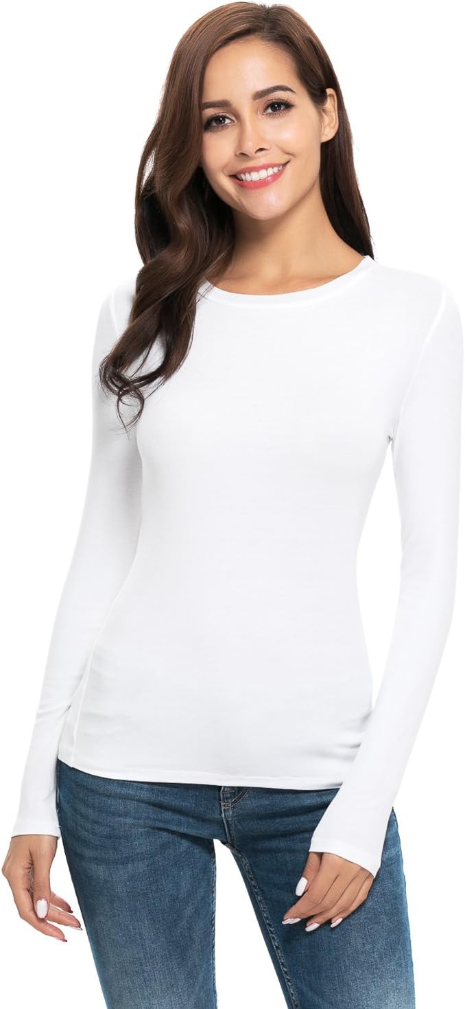 Womens Basic Long Sleeve Crew Neck Comfy Layering Slim Fit Stretch Henley Tees Shirts Top