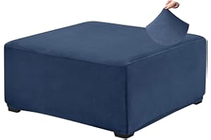 ANWUCHEN Ottoman Cover Square-Stretch Velvet Ottoman Cover -Soft Square Ottoman Covers Slipcover -Thick Storage Ottoman Cover Foot Stool Cover with Elastic Bottom Large Blue