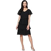 S.L. Fashions Womens V-Neck Chiffon Cocktail Dress with Beaded Shoulders and Asymmetrical Tiers (Petite and Regular Sizes)