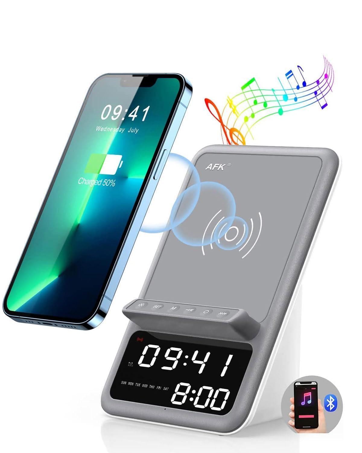 Photo 1 of AFK Wireless Charging Station with Bluetooth Speaker and Alarm Clock,Wireless Charger Compatible with iPhone,Android Phones (Gray-White)