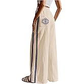 SOLY HUX Women's Wide Leg Pants Elastic High Waisted Embroidery Casual Long Trousers with Pockets Apricot Embroidery Large