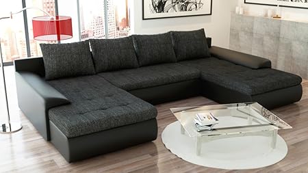 Canape Panoramique Convertible Et Reversible Joyu Tissu Noir