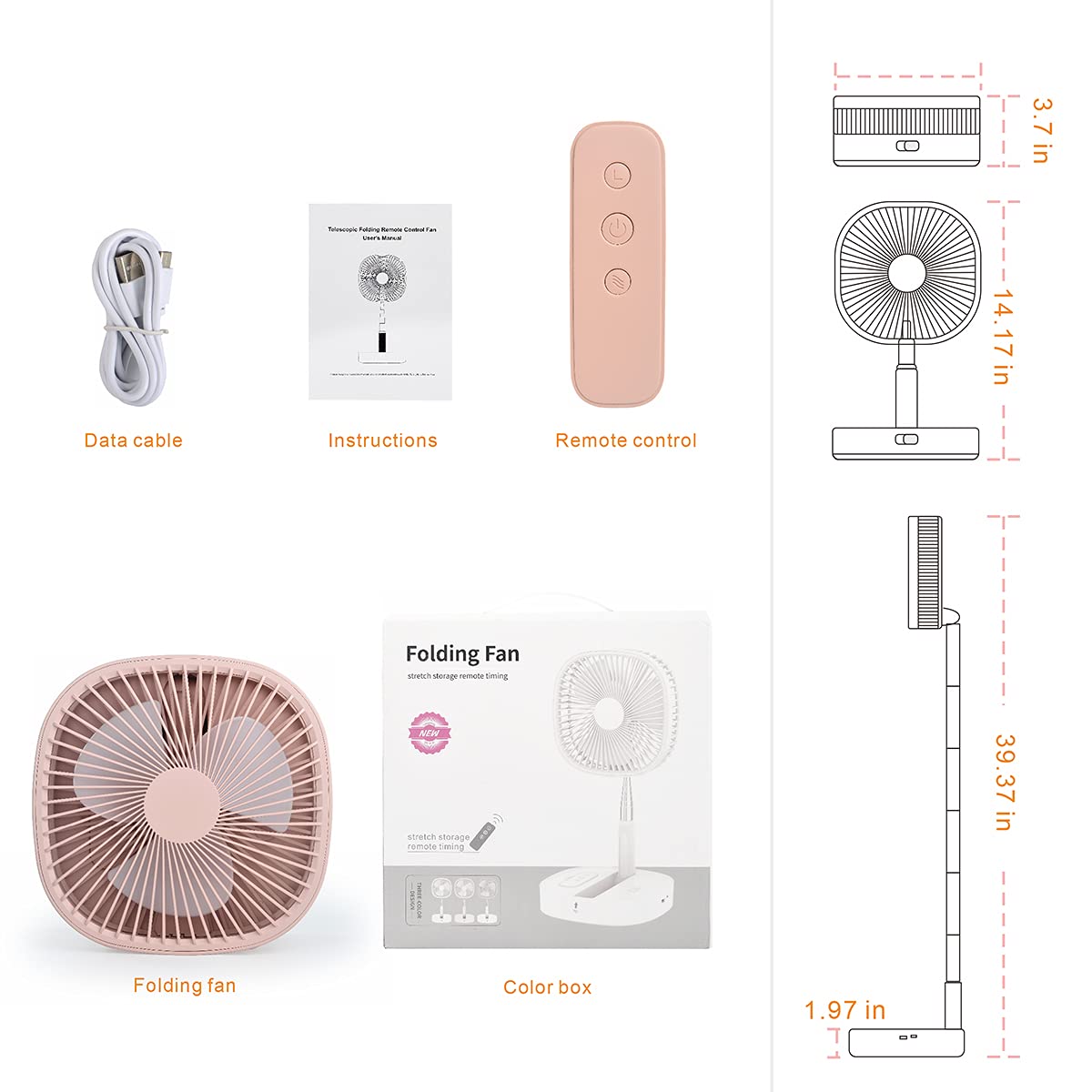 Portable Pedestal Fan - Foldaway Standing Fan Foldable Desk Fan, Use 7200Mah Rechargeable Battery, Remote Control Telescopic 4 Speed Quiet Timer Fan for Home Kitchen Outdoor Camping (Pink)