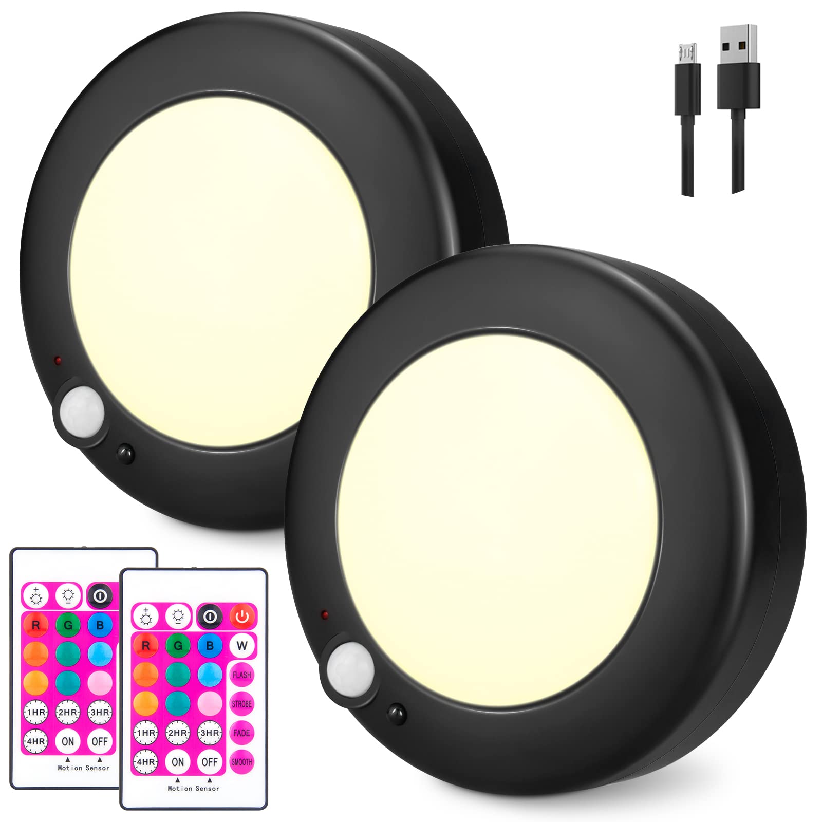 BIGMONAT Human Sensing Wireless Ceiling Light Home Corridor Entrance LED Ceiling Light Rechargeable with Remote Control, Brightness Adjustable Color Changing Ceiling Light, 250 Lumens-Black（2 Pack）