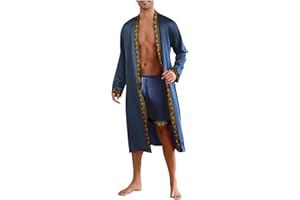 Men's Luxury Sliky Bathrobe Set 2 PCS Satin Kimono Robe and Shorts Long Sleeve Sleepwear Pjs Sets for Travel Spa Navy
