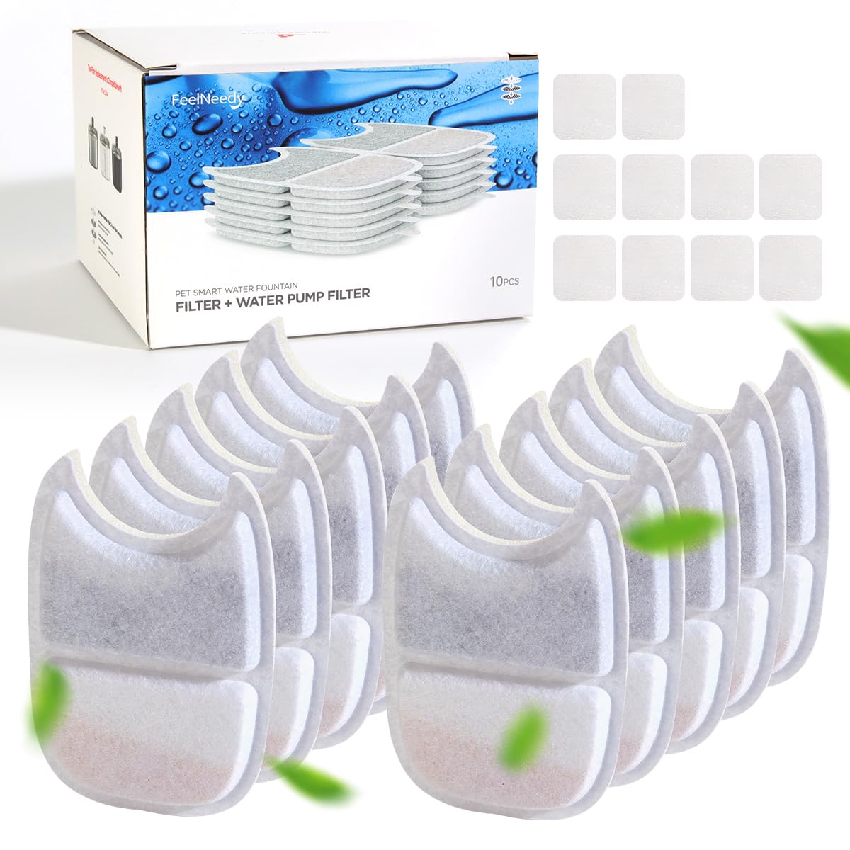 FEELNEEDY 10 Packs Cat Water Fountain Filter & 10 Packs Pump Filter Sponges Replacement, Pet Water Fountain Filter for 135 fl oz/4L Cat Water Fountain (10 Pack Filter Replacement)