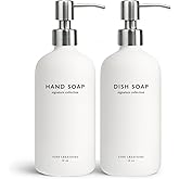 Vine Creations White Glass Soap Dispenser Set, Dish Soap and Hand Soap Dispenser Set with Stainless Steel Pump, 16 oz Glass Dispensers for Kitchen or Bathroom Decor (Matte White Bottle/Silver)
