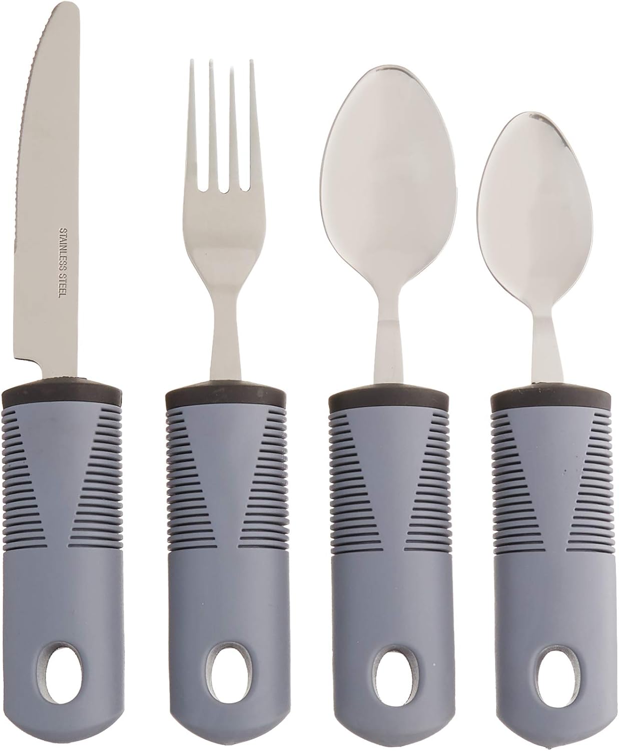 Homvare Adaptive Utensils (4-Piece Kitchen Set) Wide, Non-Weighted, Non-Slip Handles for Hand Tremors, Arthritis, Parkinson’s or Elderly Use - Stainless Steel Knife, Fork, Spoons: Home & Kitchen