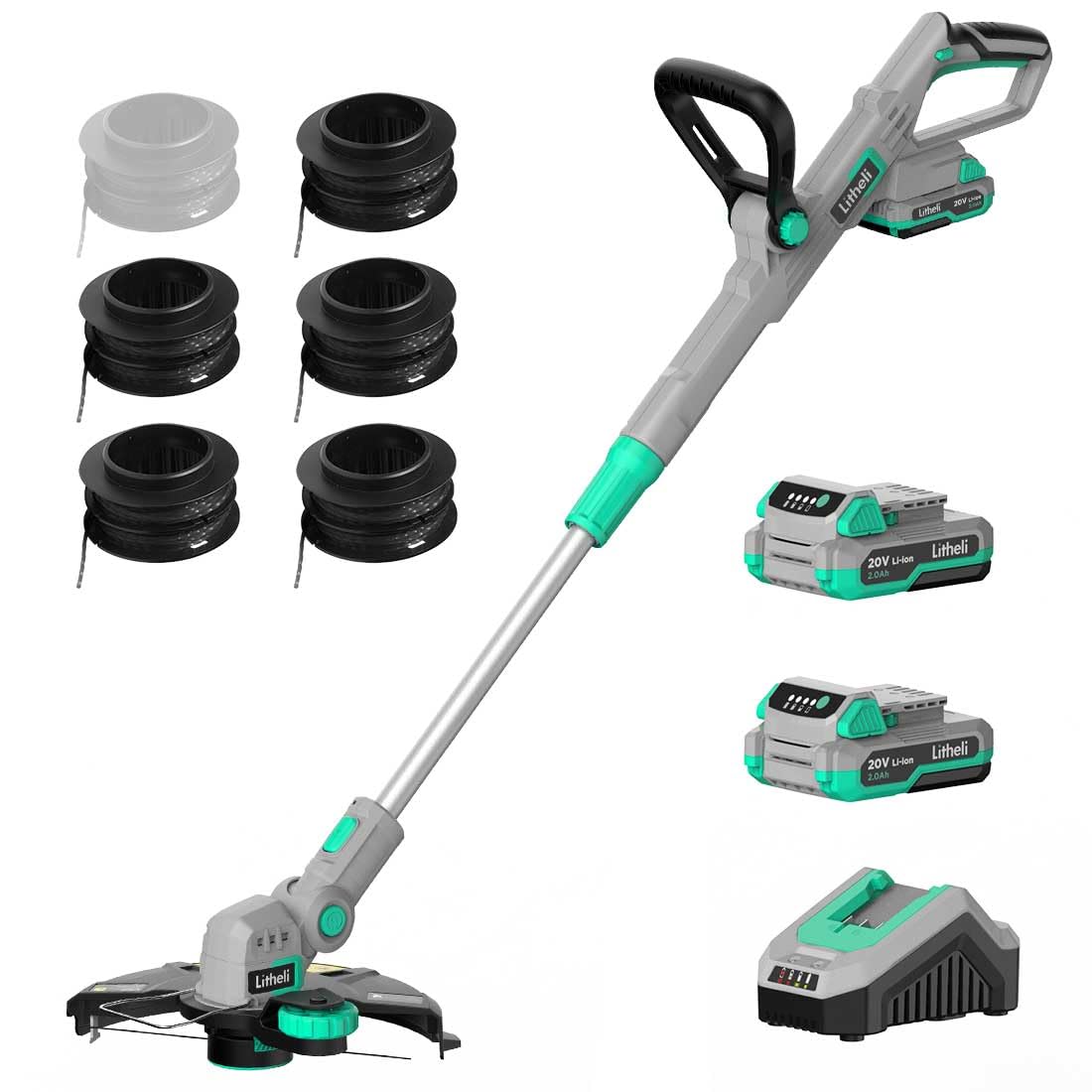 Photo 1 of **MISSING CHARGER CORD** Litheli 20V 12 Inch Cordless String Trimmer/Edger, 2 X 2.0Ah Battery Powered Weed Eater with Auto-Feed for Lawn Trimming/Edging, with 6 Pcs Grass Cutter Spool Line, Fast Charger Included