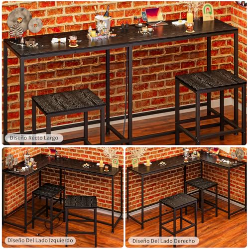 Simple Wisdom Barra Desayunador para Cocina,Barra de Cocina Convertible en Forma de L con Tomas de Corriente,Barras para Cocinas Pequeña de 3 Piezas y 2 Taburetes,Juego de Mesa de Bar(Color Negro)