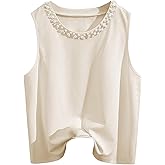 GORGLITTER Women's Pearl Tank Top Cropped Crewneck Sleeveless Loose Coquette T Shirts Causal Summer Outfits