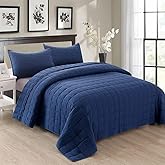 EMME Quilts Twin Size Bedding Sets Navy Blue Bedspread, Lightweight Soft Pre-Washed Quilt Comforter, 2 Piece, Cozy Reversible Coverlet with Pillow Sham for All Season (Square Pattern,66"x90")