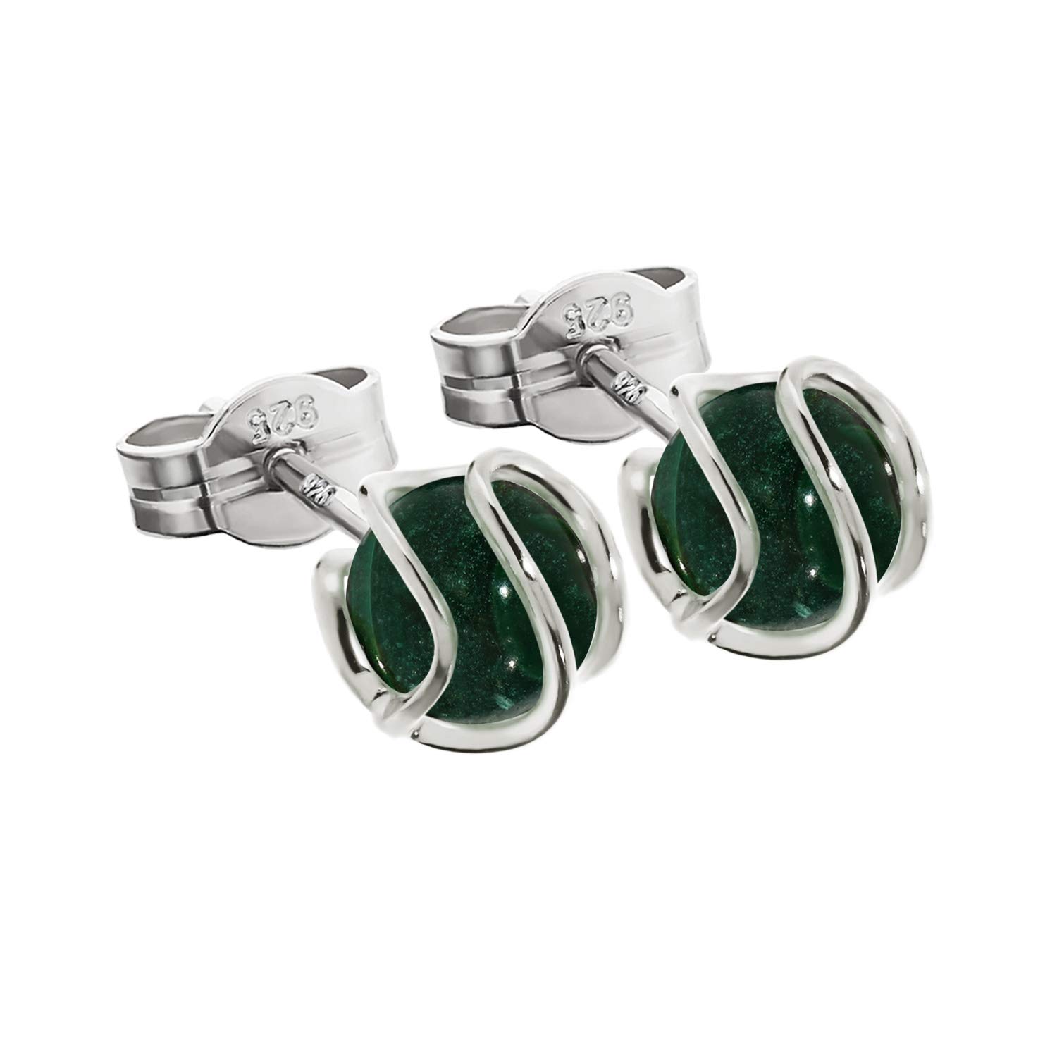 NKlaus silver pair of stud earrings 925 sterling silver sphere zircon malachite green 7mm 7854