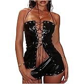 WDIRARA Women's Goth Punk Pu Leather Lace Up Halter Tops Backless Camisole Tops Festival Clubwear