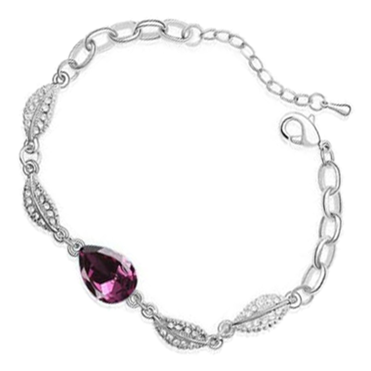 GWG Jewellery 925 Sterling Silver Coated Water Drop Shaped Amethyst Purple Color Central Crystal 4 Leaves Design Charm Ladies Bracelet in Gift Box for Women