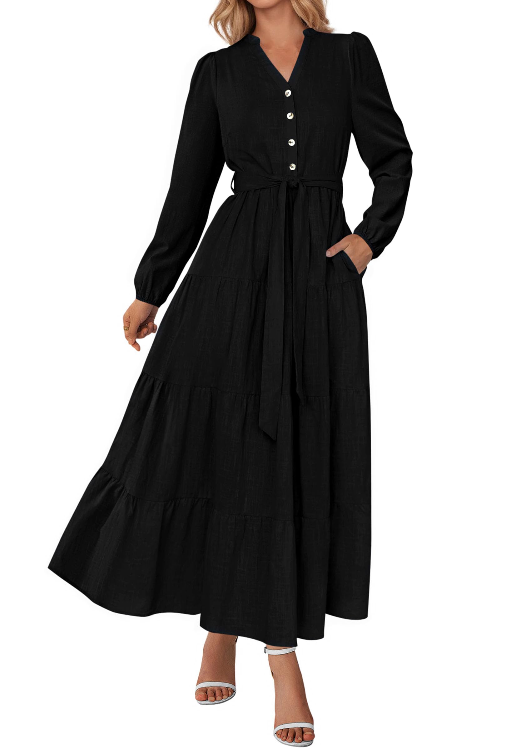 Photo 1 of PRETTYGARDEN Fall Dresses for Women 2025 Long Sleeve V Neck Belted Ruffle A Line Flowy Boho Maxi Wedding Guest Dress Pockets (Black,X-Large)