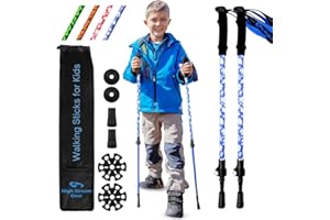 HIGH STREAM GEAR Kids Hiking Poles – Adjustable Telescopic Trekking Poles for Children – includes: 2 Walking Sticks, Carrier Bag and Accessories all Designed for Boys and Girls